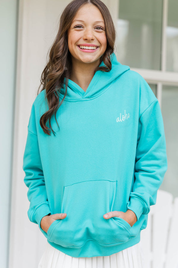 Girls: Aloha Aqua Sea Turtle Embroidered Hoodie