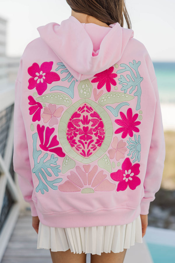 Girls: Aloha Pink & Green Sea Turtle Embroidered Hoodie