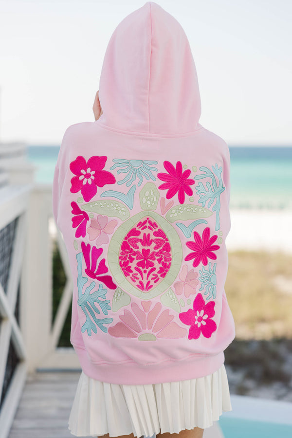 Girls: Aloha Pink & Green Sea Turtle Embroidered Hoodie