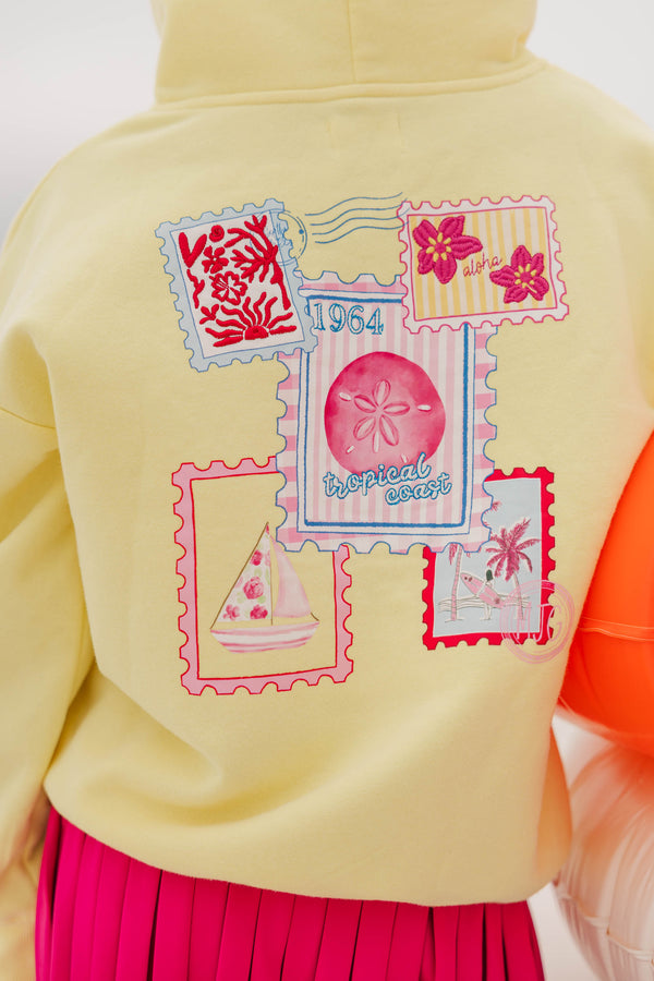 Girls: Postmarked Paradise Yellow Embroidered Hoodie