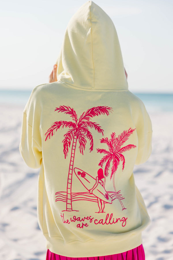 Girls: The Waves Are Calling Yellow Embroidered Hoodie