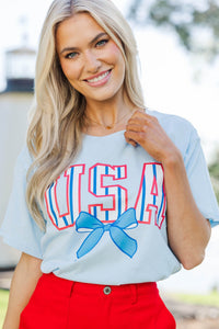 USA Light Blue Striped Graphic Tee