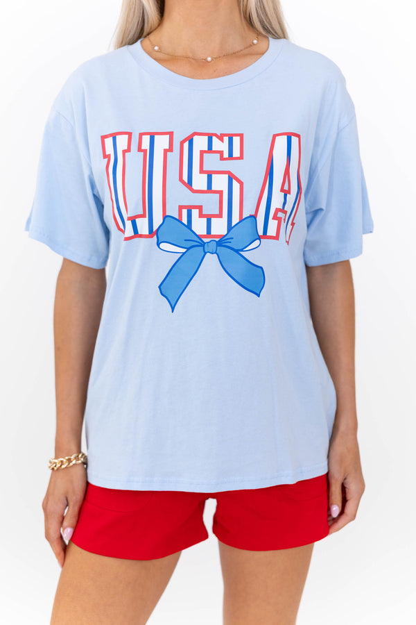 USA Light Blue Striped Graphic Tee