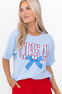 USA Light Blue Striped Graphic Tee