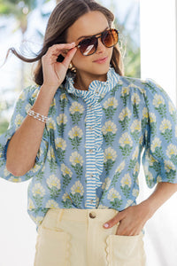 Polished Presence Light Blue Medallion Blouse