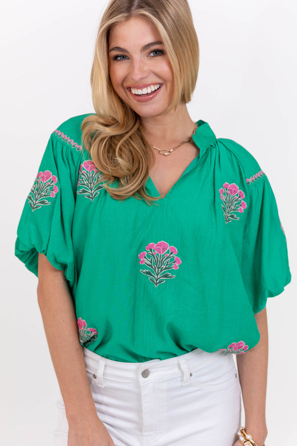 One Step Ready Green Medallion Blouse