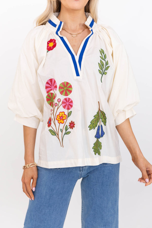 Springtime Charm White Embroidered Blouse