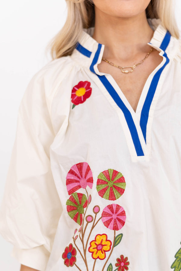 Springtime Charm White Embroidered Blouse