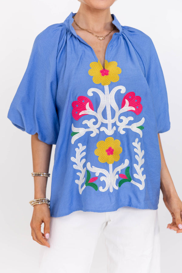 Lighthearted Blue Embroidered Blouse