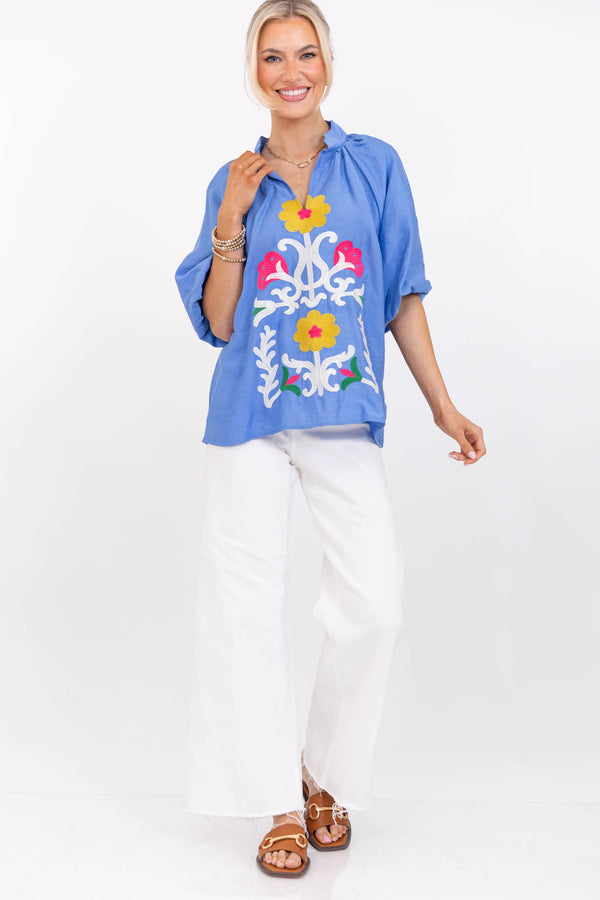 Lighthearted Blue Embroidered Blouse