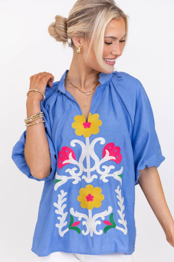Lighthearted Blue Embroidered Blouse