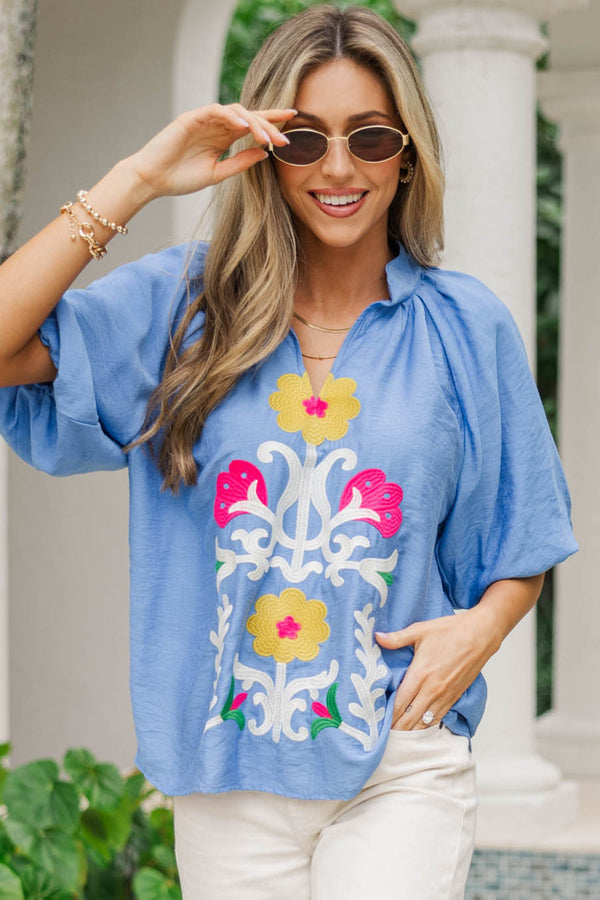 Lighthearted Blue Embroidered Blouse