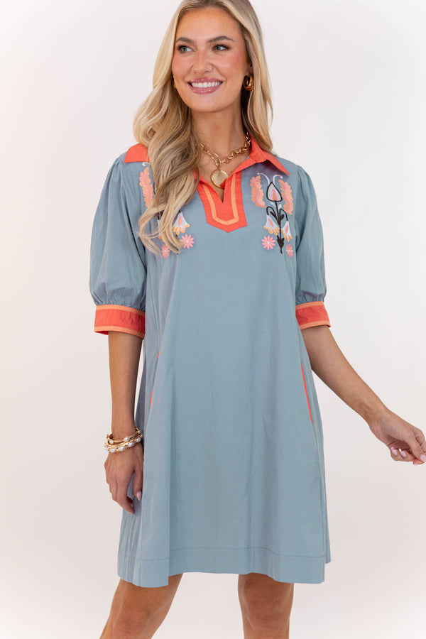 Effortlessly Put Together Blue Embroidered Dress