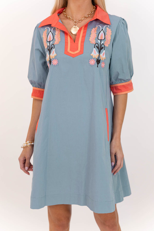 Effortlessly Put Together Blue Embroidered Dress