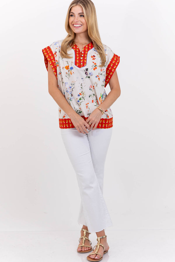 Comfortably Polished Red Floral Blouse