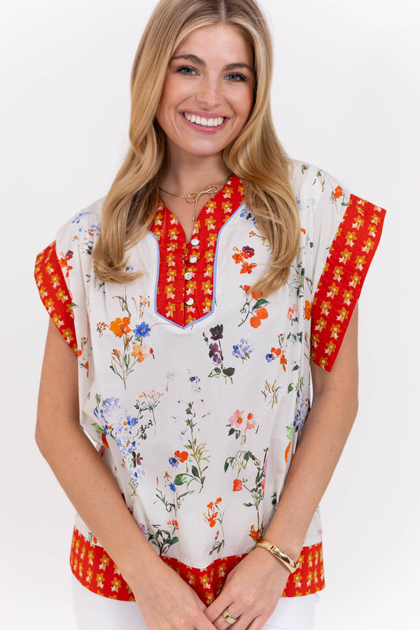 Comfortably Polished Red Floral Blouse