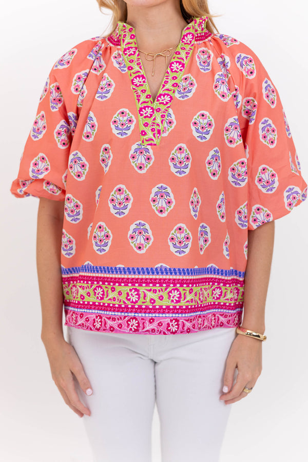 An Easy Yes Coral Floral Blouse