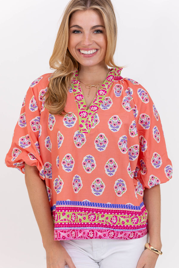 An Easy Yes Coral Floral Blouse