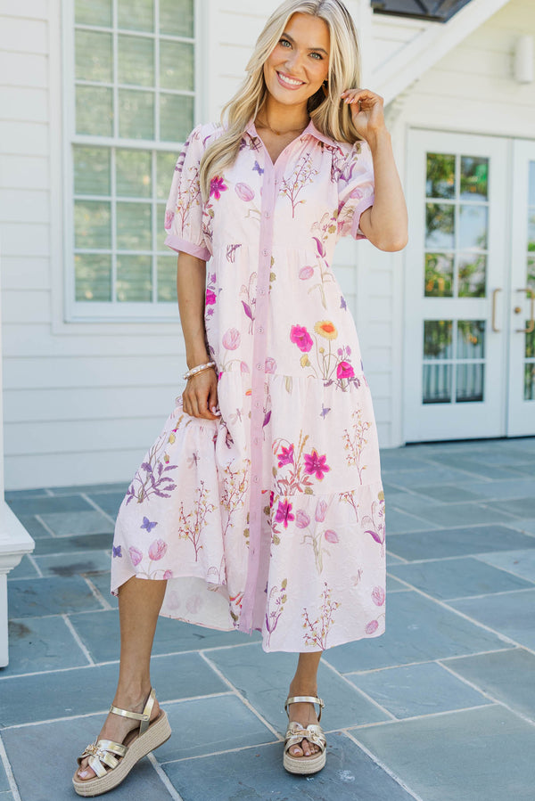 strapless open back dress The Everyday Go-To Blush Floral Midi Dress – Shop the Mint