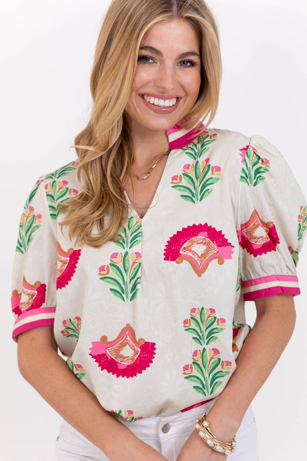 Feels Right Cream Abstract Blouse