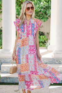 Casually Refined Pink Mixed Print Midi Dress