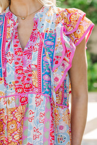 Casually Refined Pink Mixed Print Midi Dress
