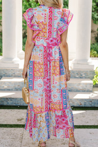 Casually Refined Pink Mixed Print Midi Dress
