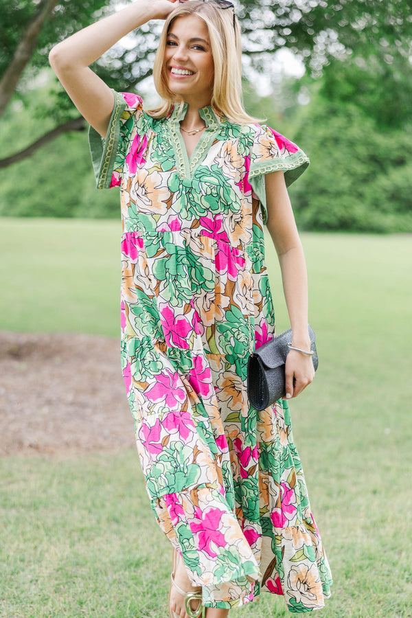 A No-Brainer Green Floral Midi Dress, Large - The Mint Julep Boutique