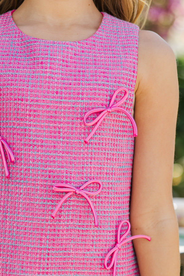 Girls: Sugarplum Shine Pink Bow Tweed Shift Dress
