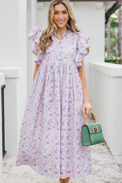 lavender midi dress with sleeves Split Neck Puff Short Sleeve Tiered breathable 100% cotton gauze Coast Women's Scallop Organza Frill