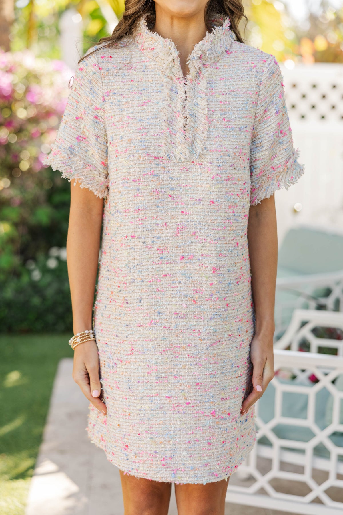 The Reaction Pink Multi Tweed Fringe Dress – Shop the Mint