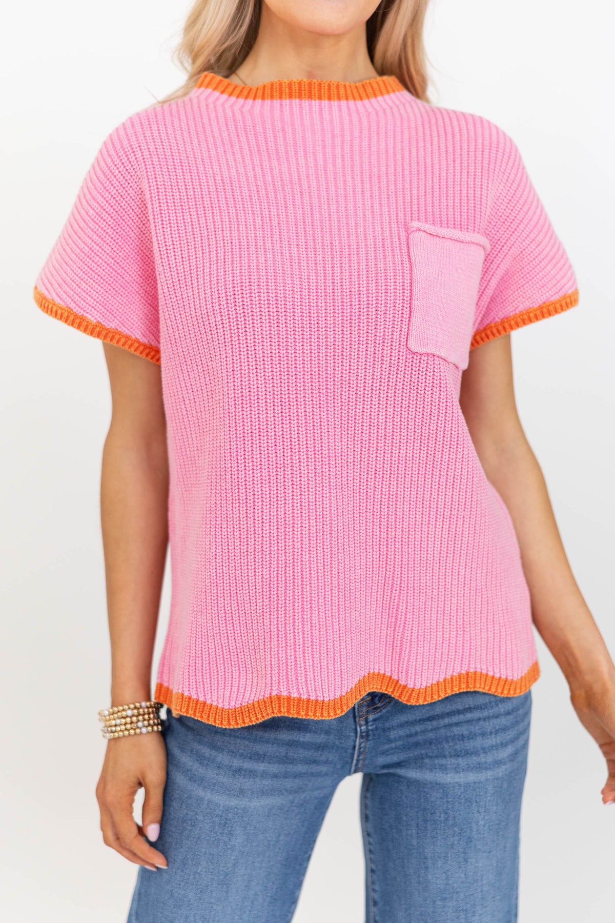 Light Touch Pink Scalloped Short Sleeve Sweater – Shop the Mint