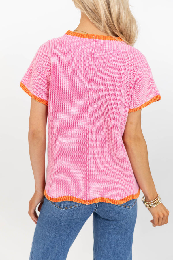 Light Touch Pink Scalloped Short Sleeve Sweater