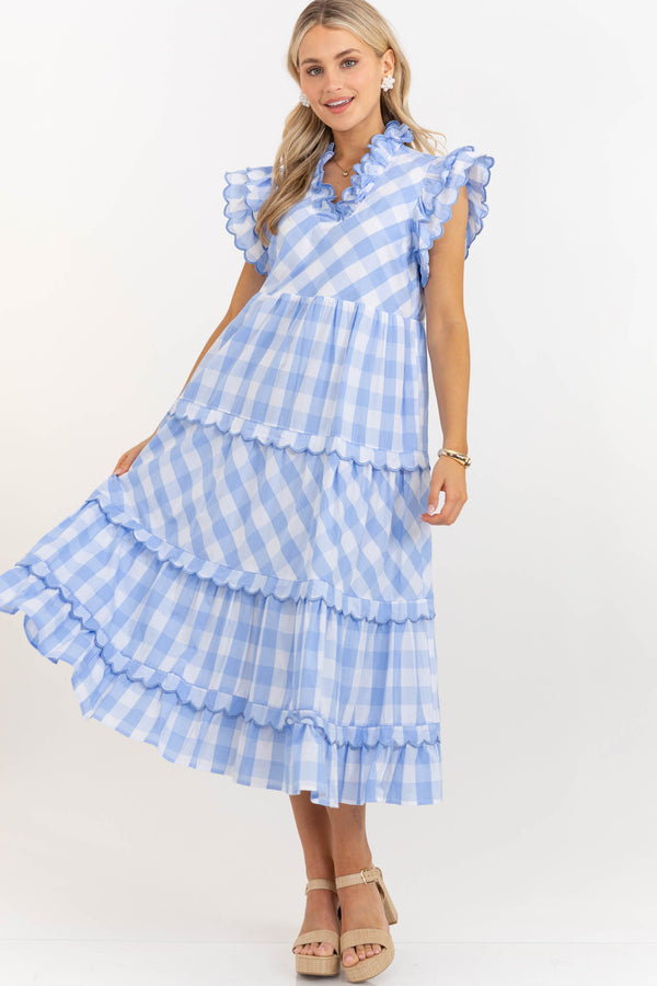 Worth Repeating Light Blue Gingham Midi Dress