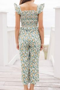 Girls: All For You Green Floral Smocked Jumpsuit