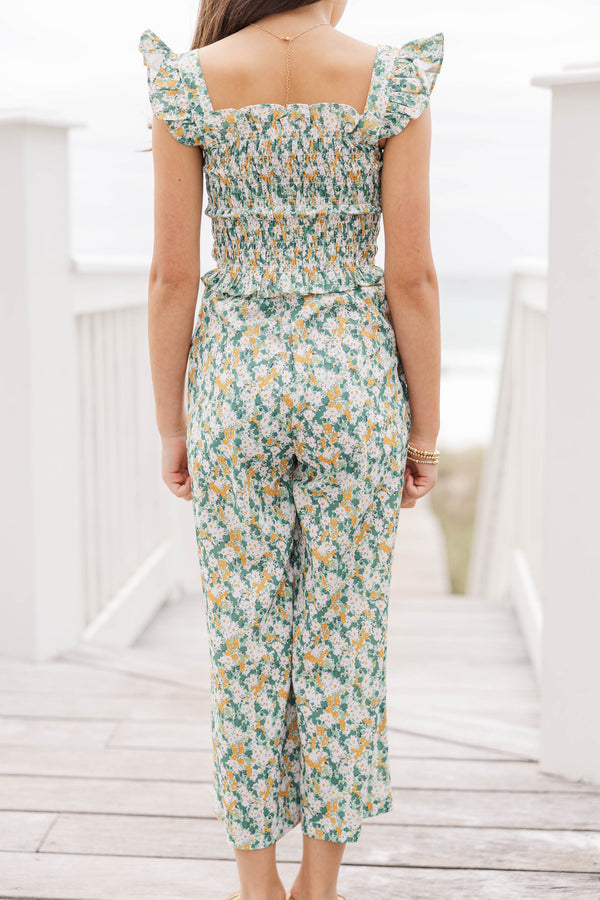 Girls: All For You Green Floral Smocked Jumpsuit
