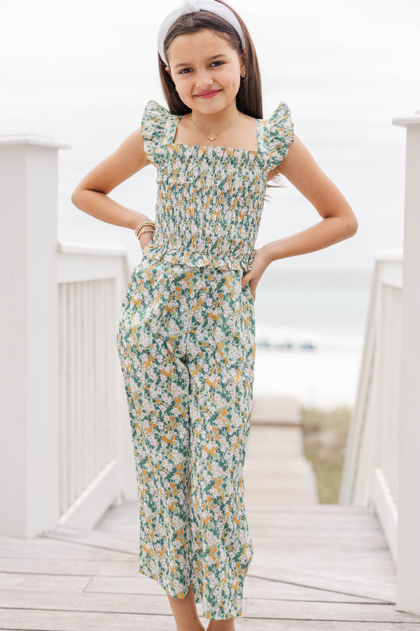 Girls: All For You Green Floral Smocked Jumpsuit