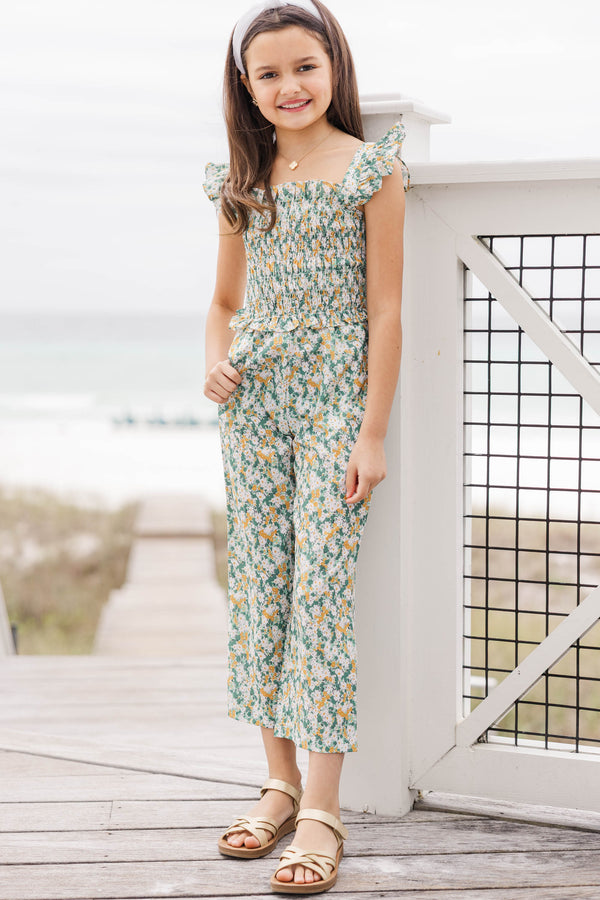 Girls: All For You Green Floral Smocked Jumpsuit