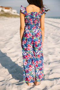 Girls: All For You Blue Tropical Floral Smocked Jumpsuit