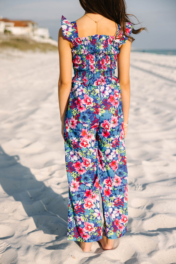 Girls: All For You Blue Tropical Floral Smocked Jumpsuit