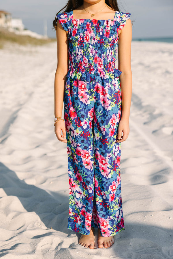 Girls: All For You Blue Tropical Floral Smocked Jumpsuit