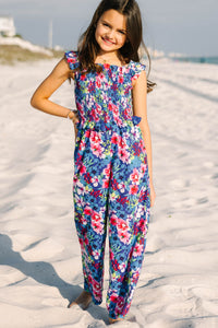 Girls: All For You Blue Tropical Floral Smocked Jumpsuit