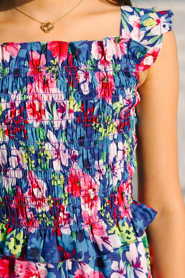 Girls: All For You Blue Tropical Floral Smocked Jumpsuit