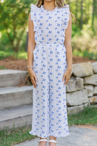 Girls: The Alana Light Blue Bow Print Jumpsuit