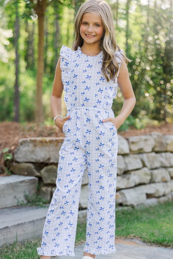 Girls: The Alana Light Blue Bow Print Jumpsuit