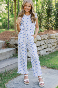 Girls: The Alana Light Blue Bow Print Jumpsuit