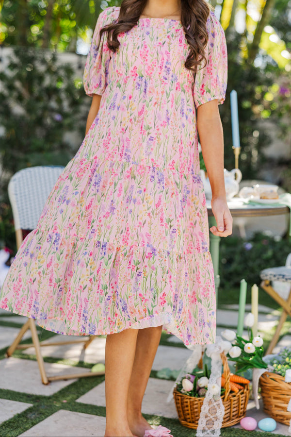 Girls: Think About It Pink Multi Floral Midi Dress