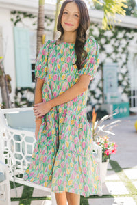 Girls: Think About It Green Floral Midi Dress