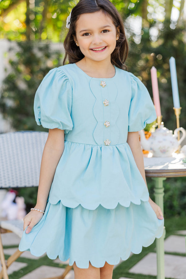 Girls: The Raighlyn Aqua Scallop Dress