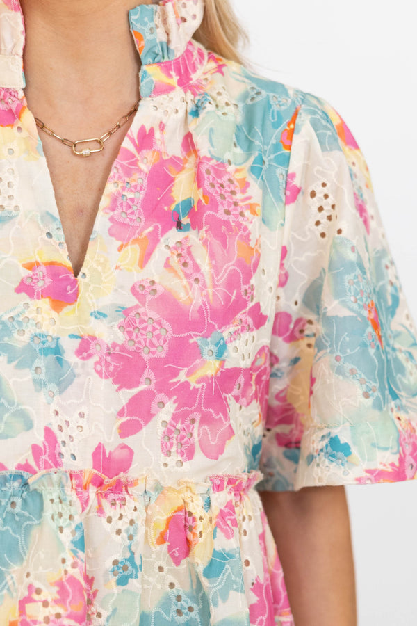 Feeling Your Best Pink Floral Eyelet Dress